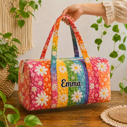 Colorful Daisy Quilted Duffle Bag, Daisy Pattern Duffle Bag, Overnight Bag, Quilted Travel Bag, Quilted Weekend Bag, Custom Bag Gift DFB19