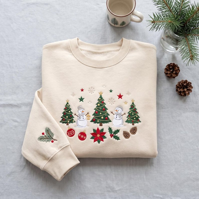 Christmas Embroidered Sweatshirt with Snowman and Christmas Tree, Holiday Crewneck, Cute Winter Christmas Gift XMASS05