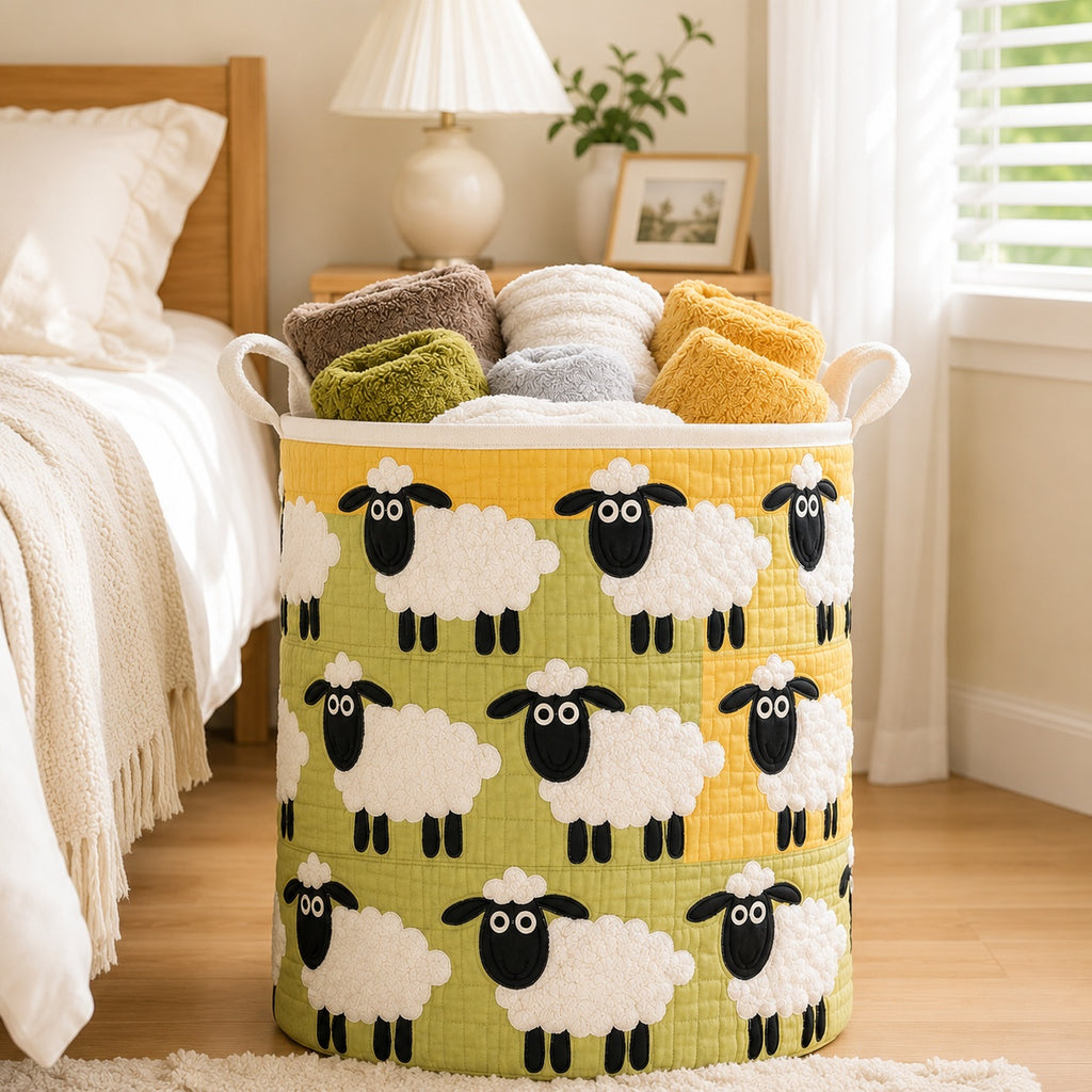 Sheep Pattern Quilted Laundry Basket, Lamb Storage Hamper, Custom Name Quilted Basket, Laundry Room Decor, Fabric Clothes Basket QBK81