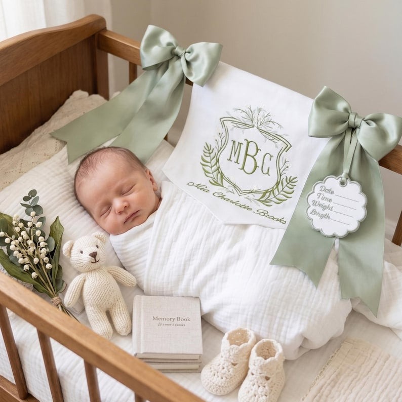 Personalized Flower Baby Banner, Custom Name Sign, Baby Name Banner, Monogram Hospital Door Hanger, Baby Shower Gift BBFLAG07
