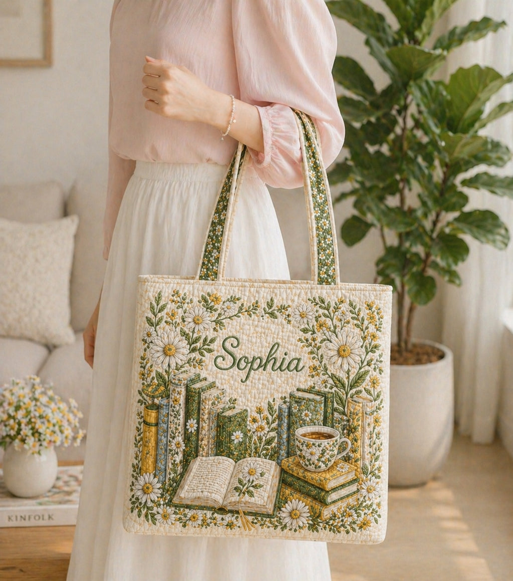 Floral Book Quilted Tote Bag, Book Pattern Tote Bag, Quilted Shoulder Bag, Quilted Book Bag, Fabric Bag QTOTE75