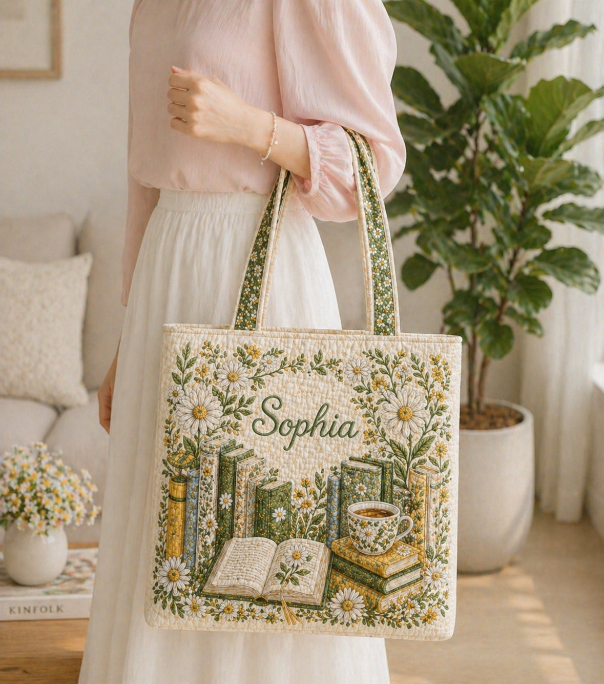 Floral Book Quilted Tote Bag, Book Pattern Tote Bag, Quilted Shoulder Bag, Quilted Book Bag, Fabric Bag QTOTE75