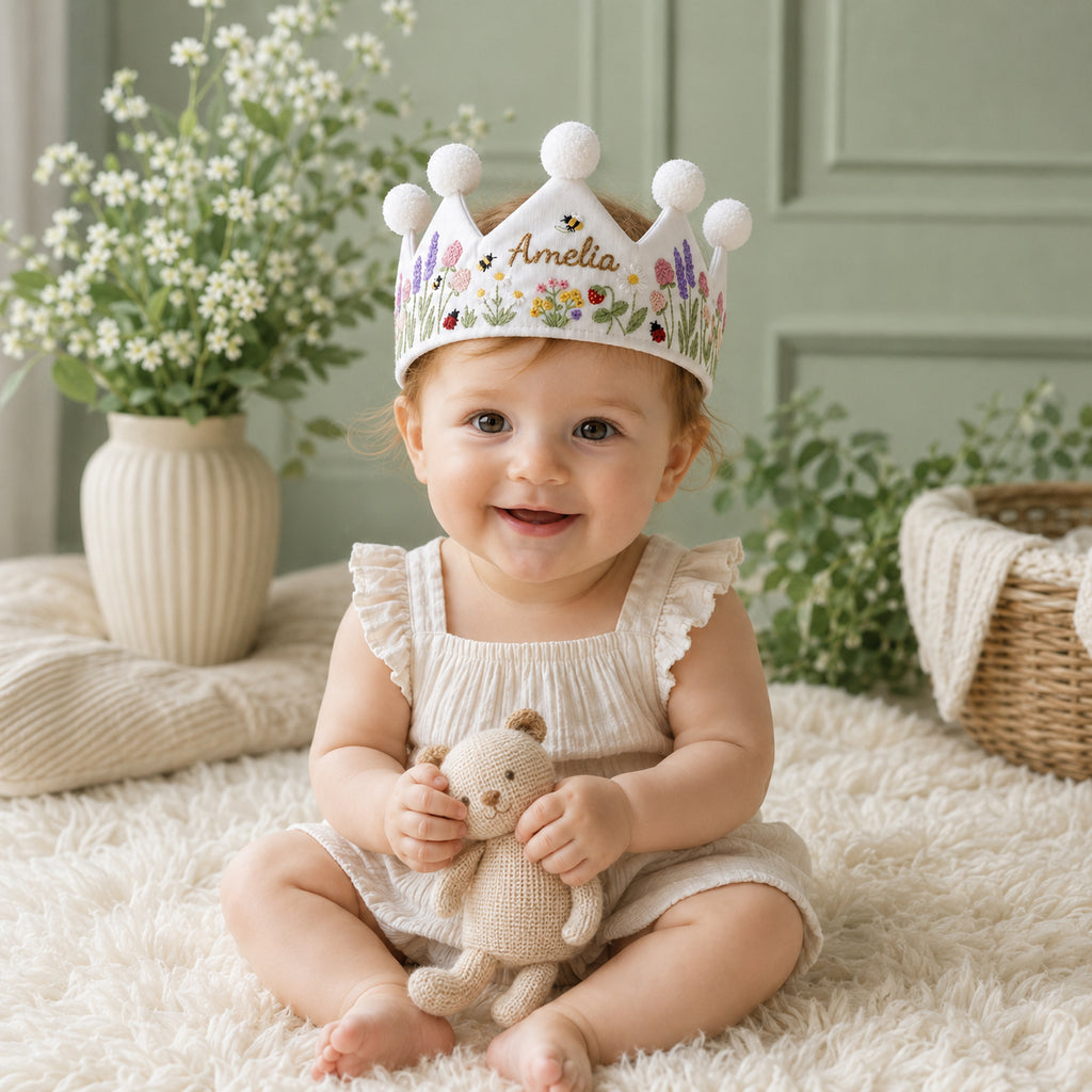 Hand-Embroidered Cute Flower Linen Birthday Crown, Personalized Floral Name Keepsake, Birthday Crown For Kid, Custom Embroidered Crown EMC06