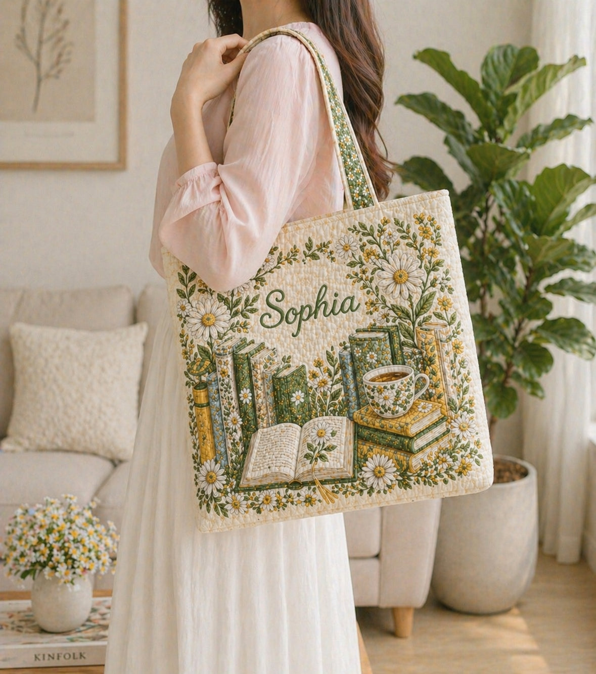 Floral Book Quilted Tote Bag, Book Pattern Tote Bag, Quilted Shoulder Bag, Quilted Book Bag, Fabric Bag QTOTE75