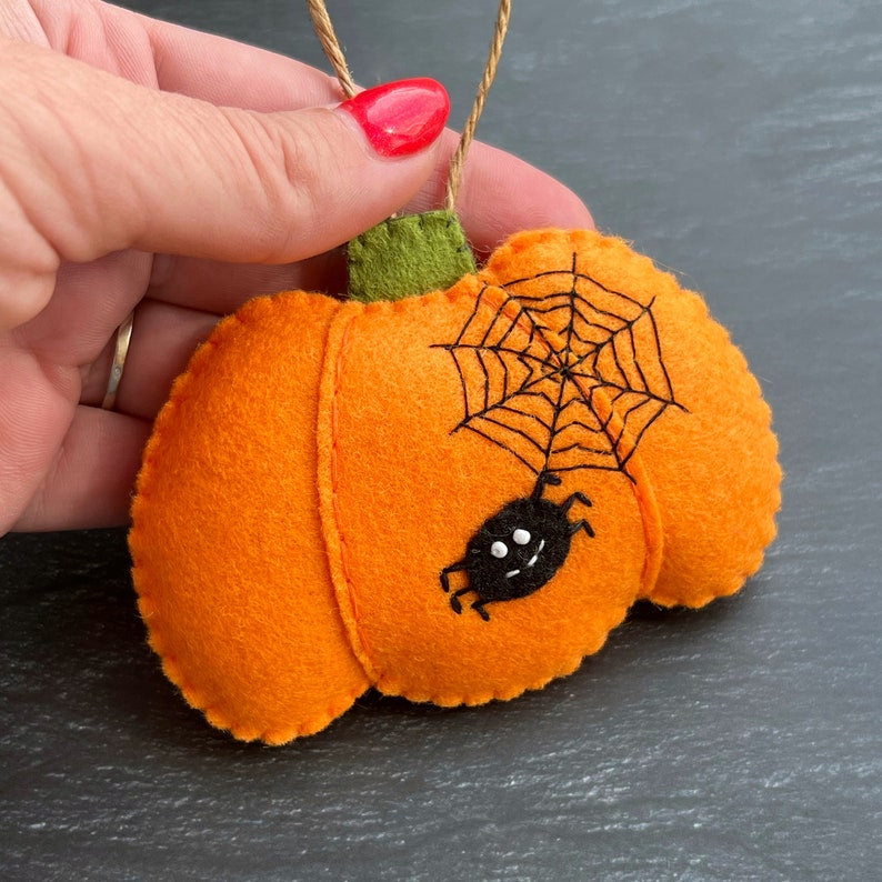 Halloween Pumpkin Felt Ornament, Custom Embroidery Halloween Ornament, Cute Pumpkin Spider Ornament, Hanging Decoration, Spooky Halloween Gift HFOR07