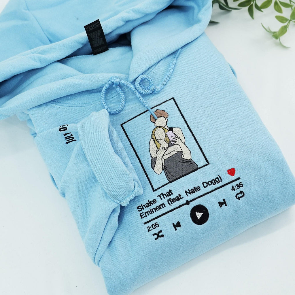 Custom Couple Portrait Hoodie With Music Song, Embroidered Couples Silhouette Hoodie, 1st Anniversary Gifts For Him, Gift For Boyfriend