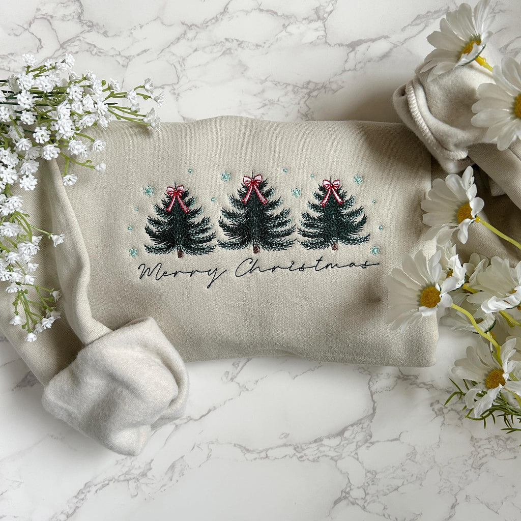 Embroidered Merry Christmas Sweatshirt, Embroidered Christmas Coquette Crewneck Sweatshirt, Embroidered Xmas Tree Sweater, Custom Xmas Gift