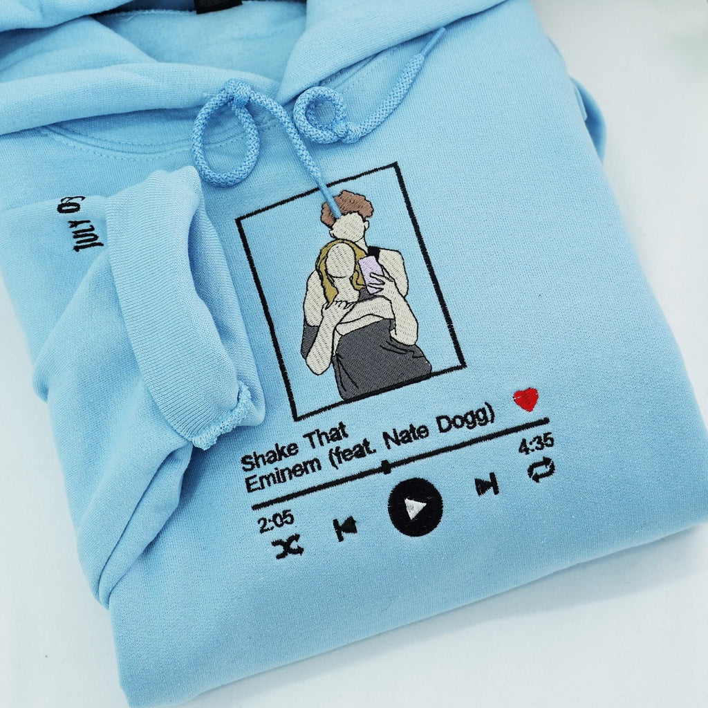 Custom Couple Portrait Hoodie With Music Song, Embroidered Couples Silhouette Hoodie, 1st Anniversary Gifts For Him, Gift For Boyfriend