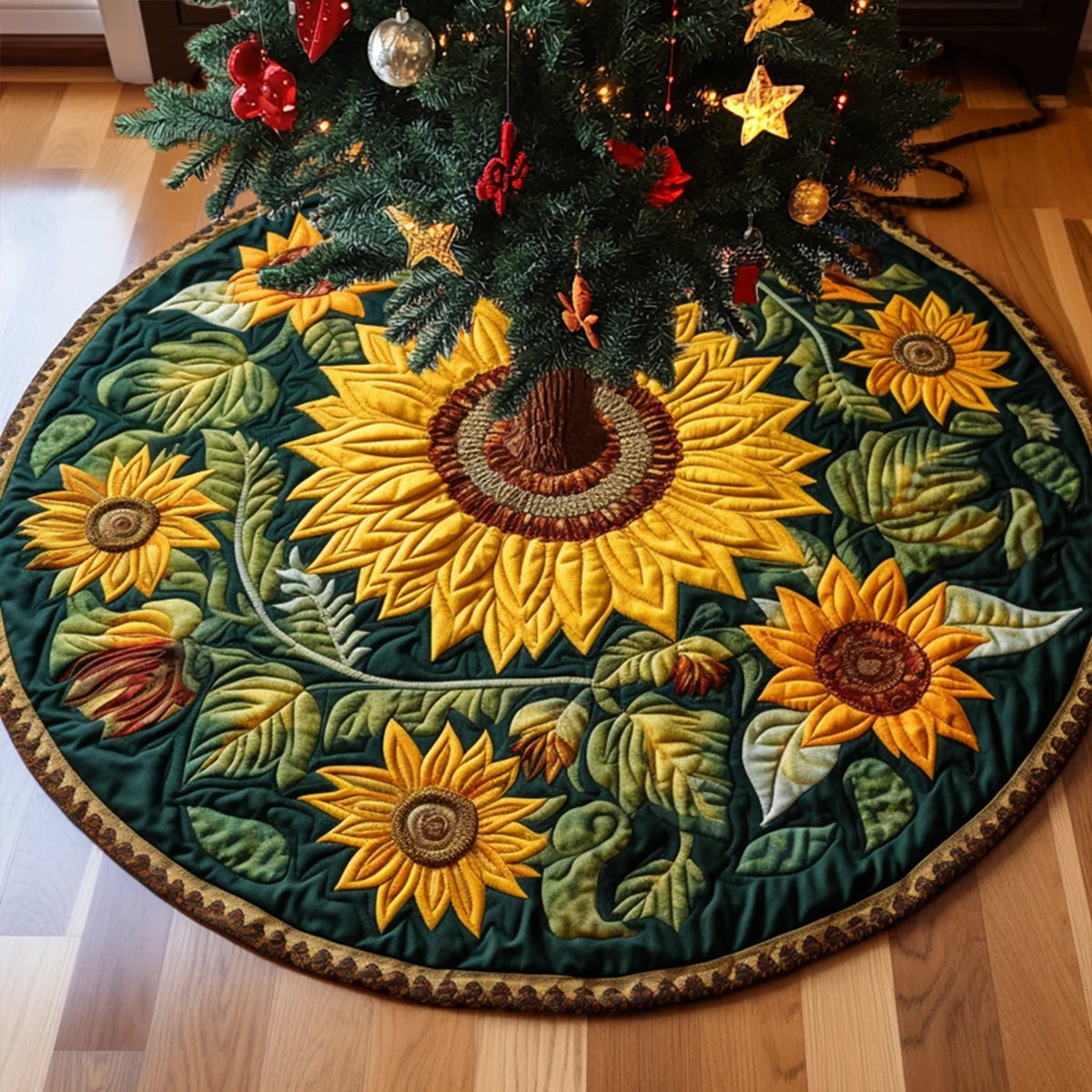 Sunflower Quilted Tree Skirt, Patchwork Xmas Tree Skirt, Holiday Decor, Xmas Tree Base Cover, Custom Tree Skirt XMASTS71