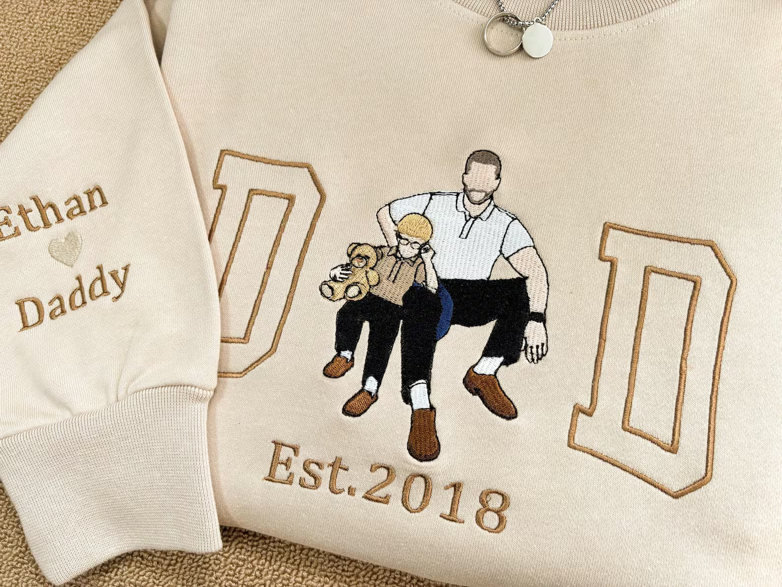 Custom Dad Embroidered Photo Portrait Sweatshirt, Personalized Father’s Day Gift with Name on Sleeve