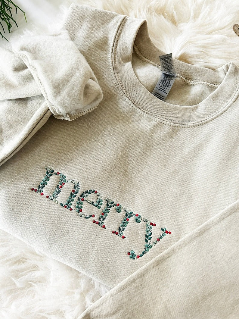 Embroidered Floral Merry Christmas Sweatshirt, Embroidered Christmas Crewneck Sweatshirt, Embroidered Floral Sweater, Custom Xmas Gift