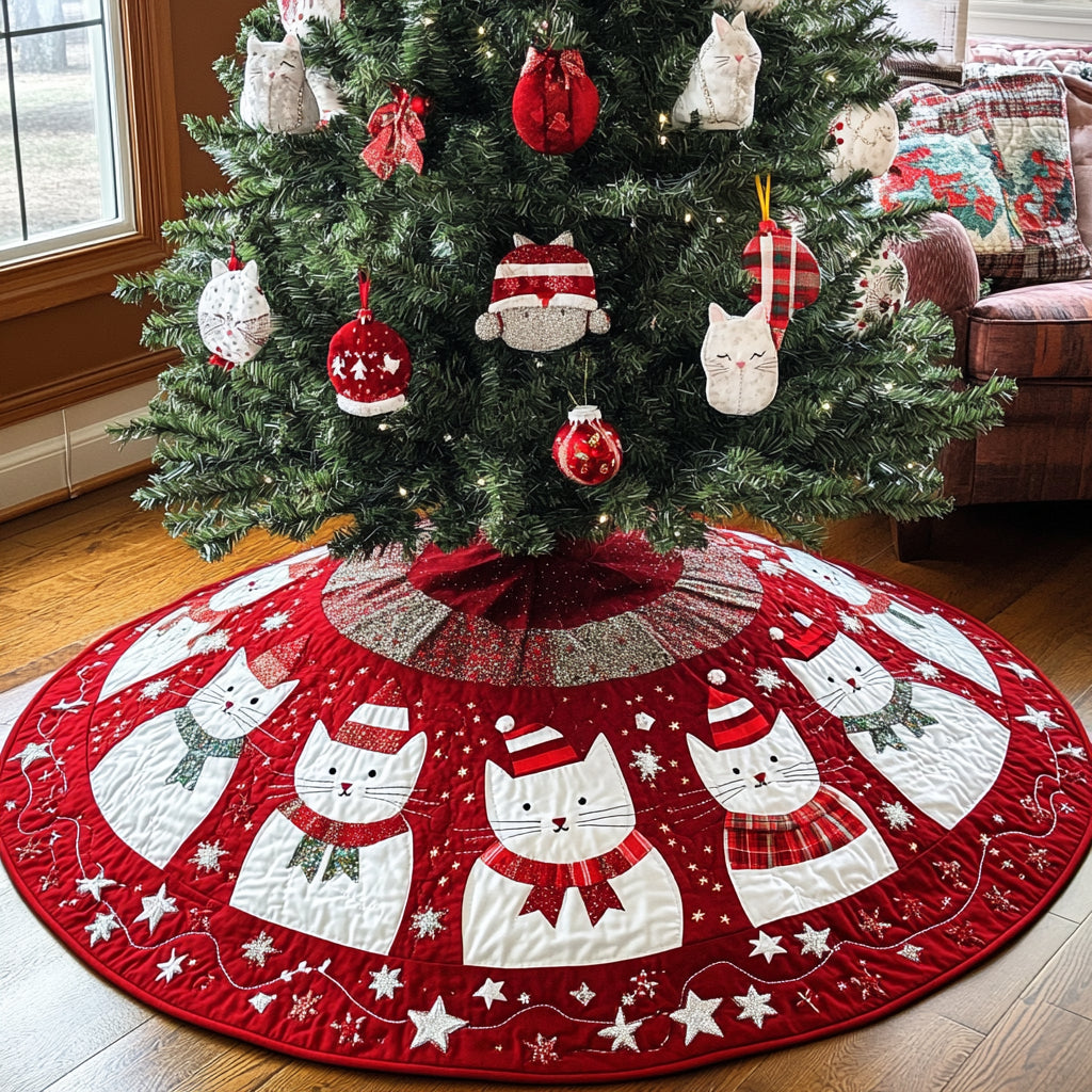 Christmas Snowcat Quilted Tree Skirt, Patchwork Xmas Tree Skirt, Holiday Decor, Xmas Tree Base Cover, Custom Tree Skirt XMASTS72