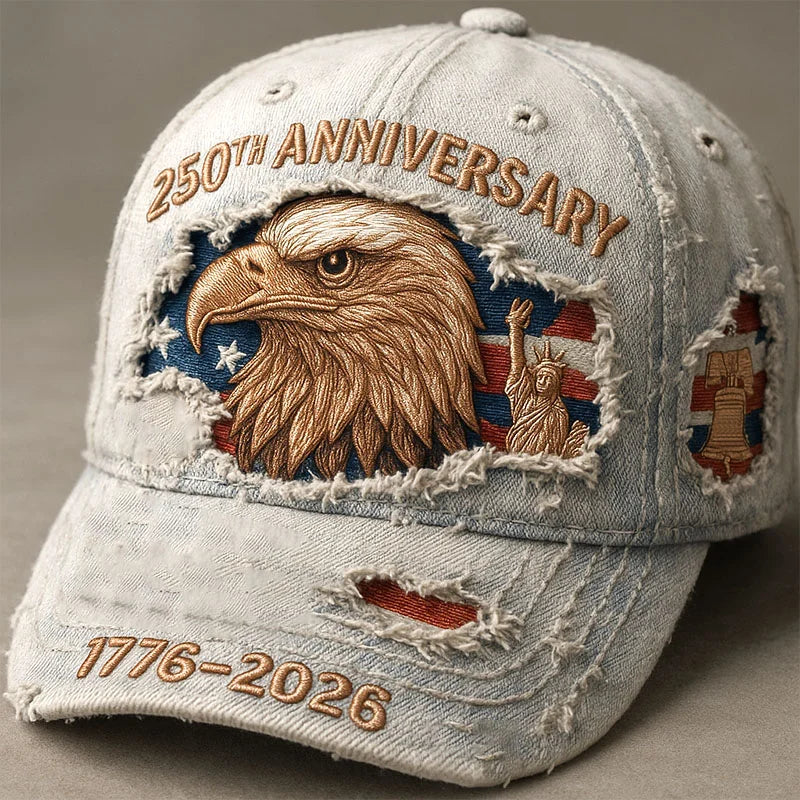 USA 250th Anniversary Distressed Hat 1776–2026 – Vintage Embroidered Bald Eagle & Statue of Liberty Patriotic Cap, American Flag Independence Celebration