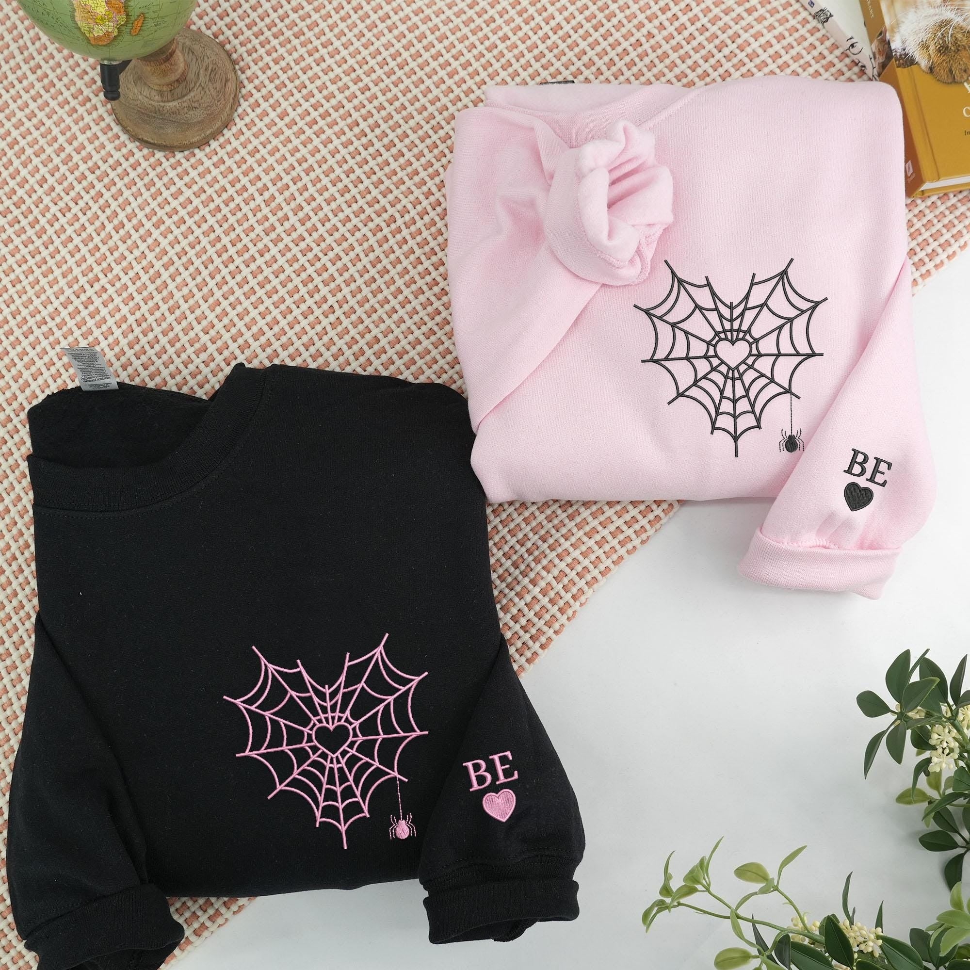 Halloween Embroidery Couple Sweatshirt with Spider Web Heart, Matching Valentine's Day Embroidered Sweatshirts, Couple Matching Hoodie