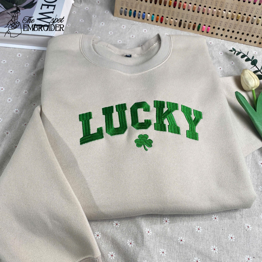 Lucky Sweatshirt Embroidered, Embroidered St Patty's Sweatshirt, Women Embroidered Sweater, Women St Patrick's Day Crewneck, Patrick Day Gift