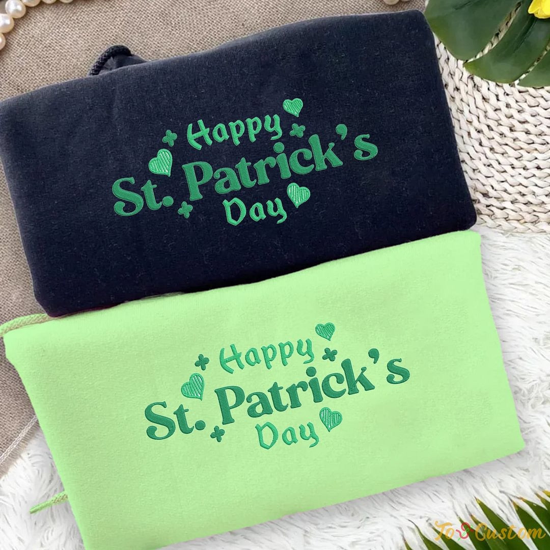 Happy St. Patrick’s Day Heart Embroidered Hoodie – Irish Holiday Sweatshirt