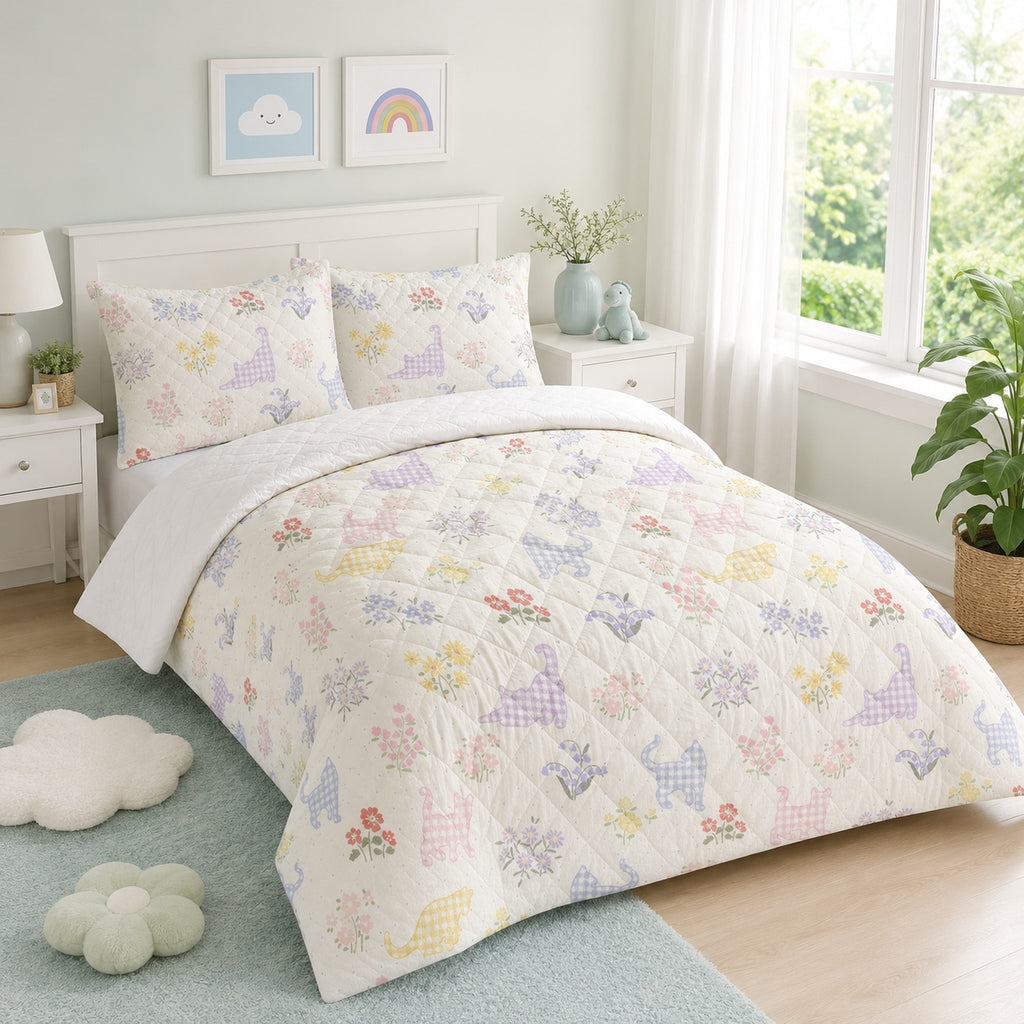 Cat Flower Patchwork Quilted Bedding Set, Custom Cat Quilt with Pillow Covers, Room Decor, Pet Lover Blanket QBEDSET07