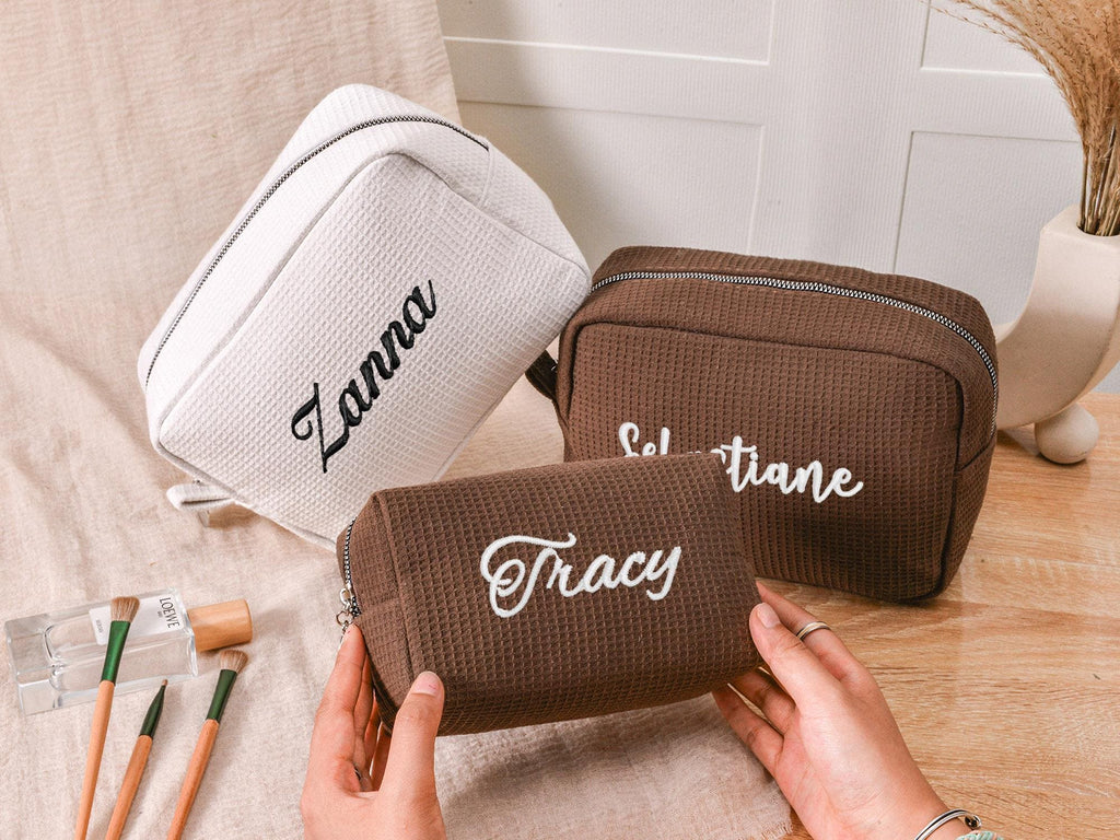 Custom Name Waffle Makeup Bag – Embroidered Monogram Cosmetic Pouch, Bridesmaid Gift, Gift for Her