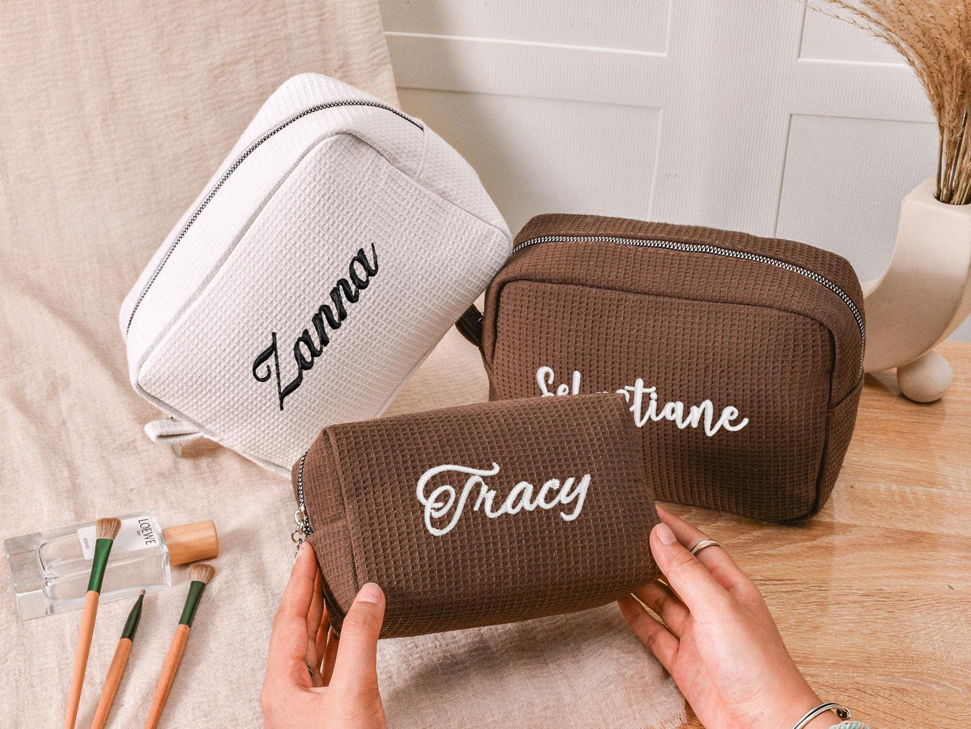 Custom Name Waffle Makeup Bag – Embroidered Monogram Cosmetic Pouch, Bridesmaid Gift, Gift for Her