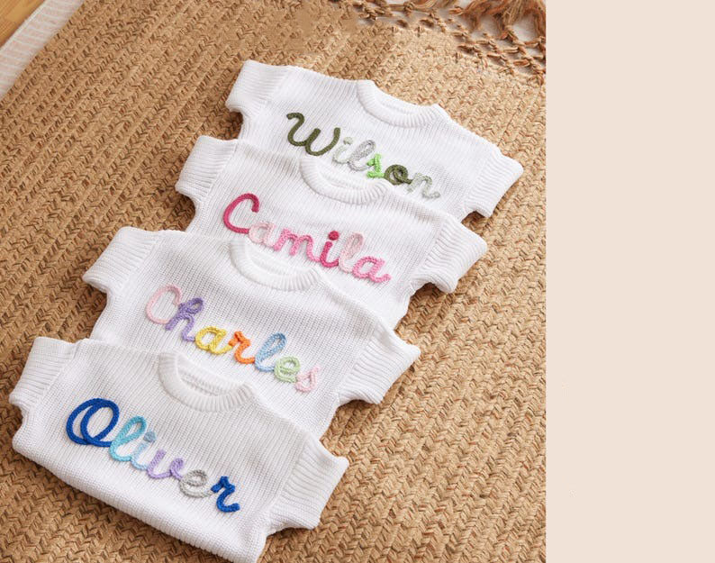 Personalized Baby Sweater with Name, Hand Embroidered Knit Sweater, Custom Baby Gift