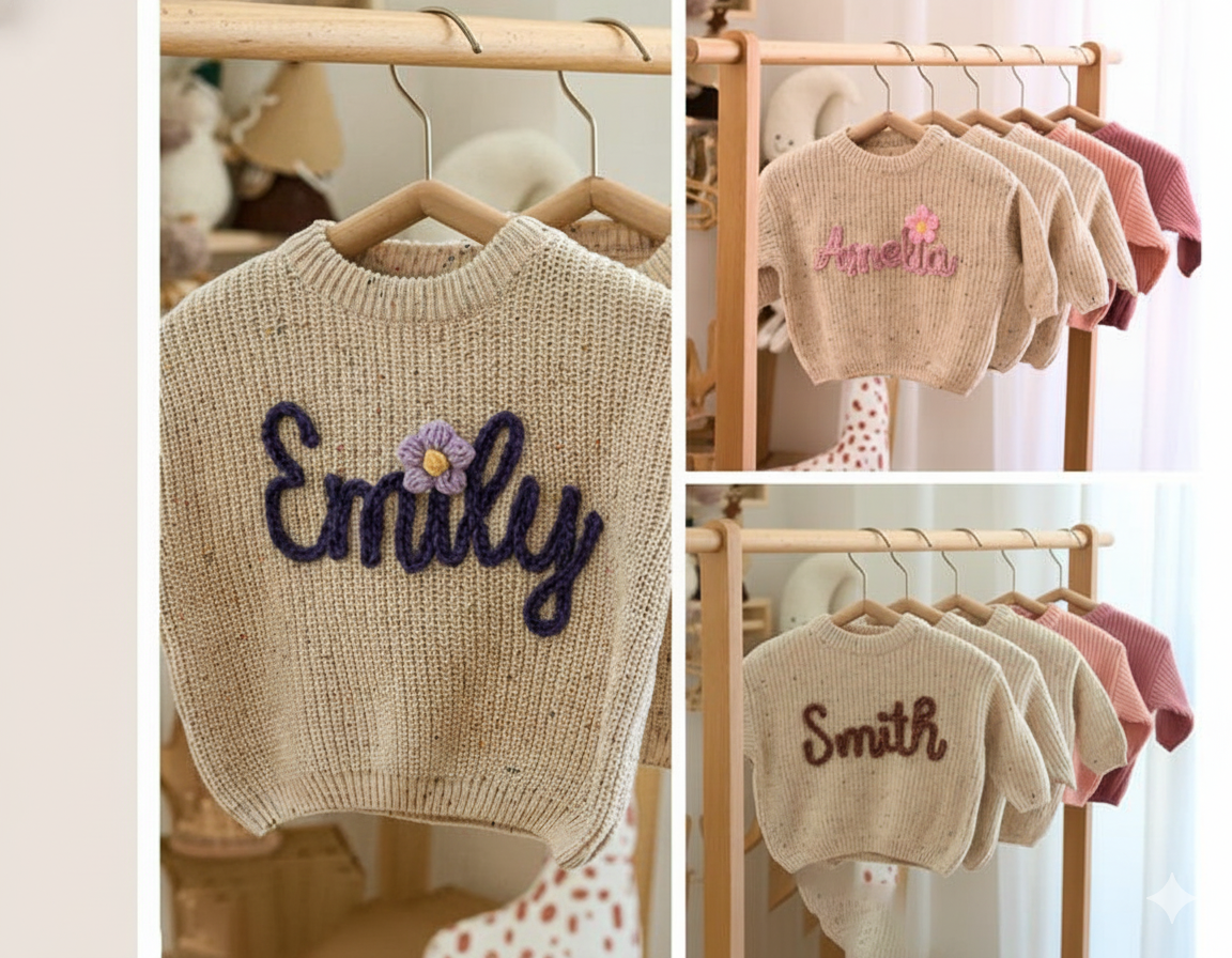 Personalized Baby Sweater with Name, Hand Embroidered Knit Sweater, Custom Baby Gift