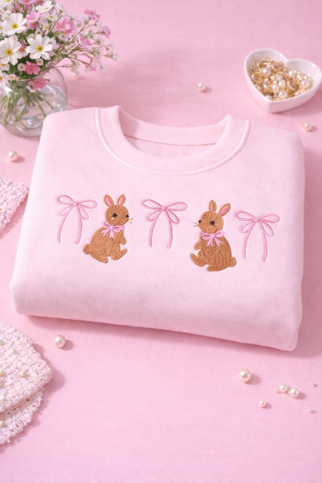 Pastel Bunny Embroidered Sweatshirt with Bows, Cute Cottagecore Crewneck Pullover, Personalized  Easter Aesthetic Sweater, Soft Girl Spring Easter Outfit,