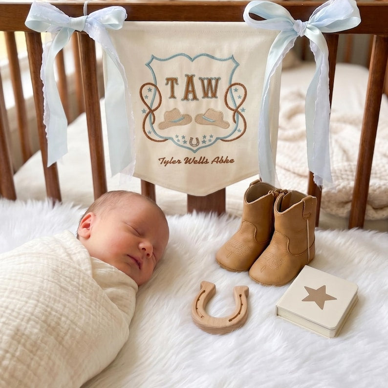 Personalized Cowboy Baby Banner, Custom Name Sign, Baby Name Banner, Monogram Hospital Door Hanger, Baby Shower Gift BBFLAG09
