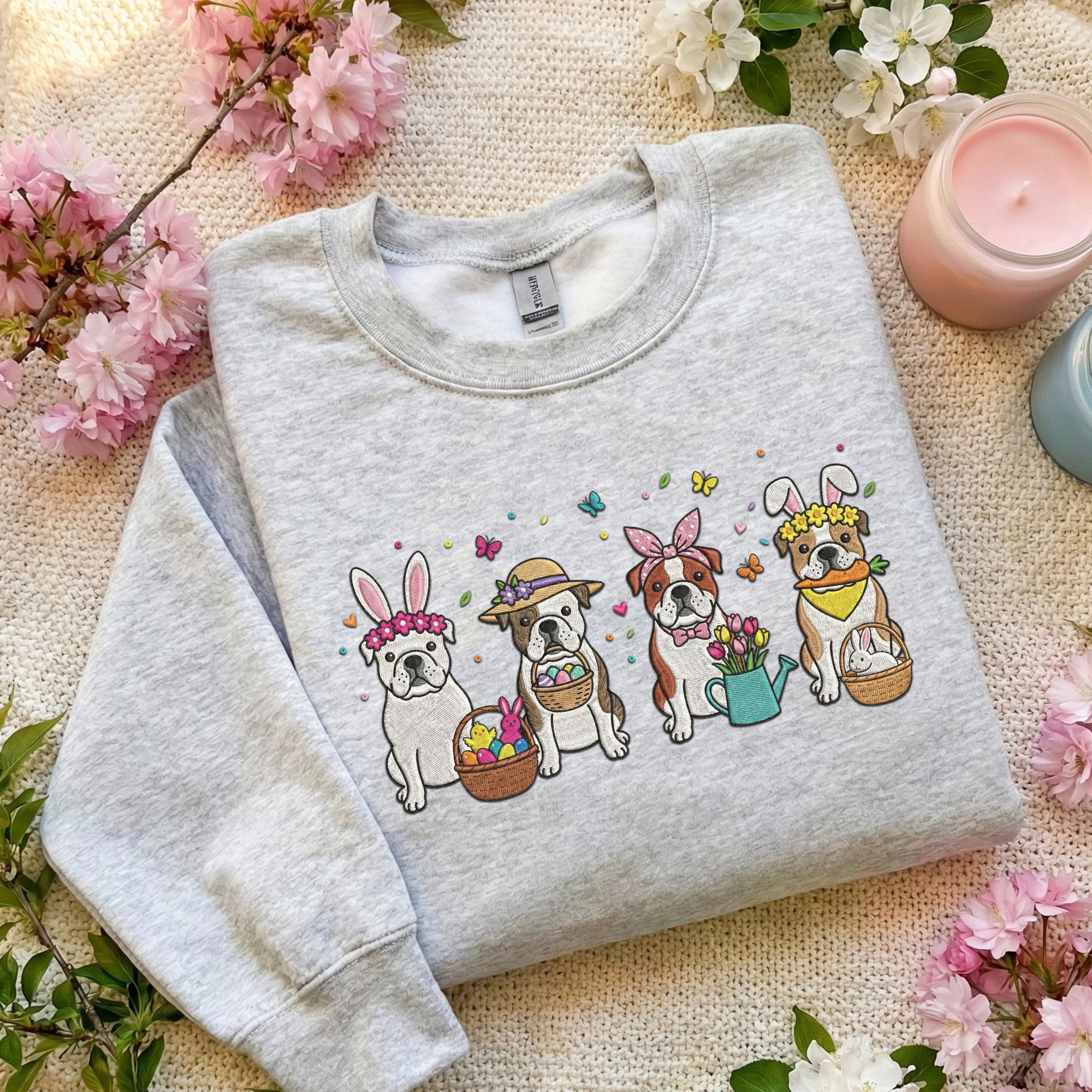 Embroidered American Bulldog Sweatshirt, Cute Bunny Ears Dog Crewneck, Spring Easter Puppy Shirt, Floral Bully Mom Gift, Holiday Art