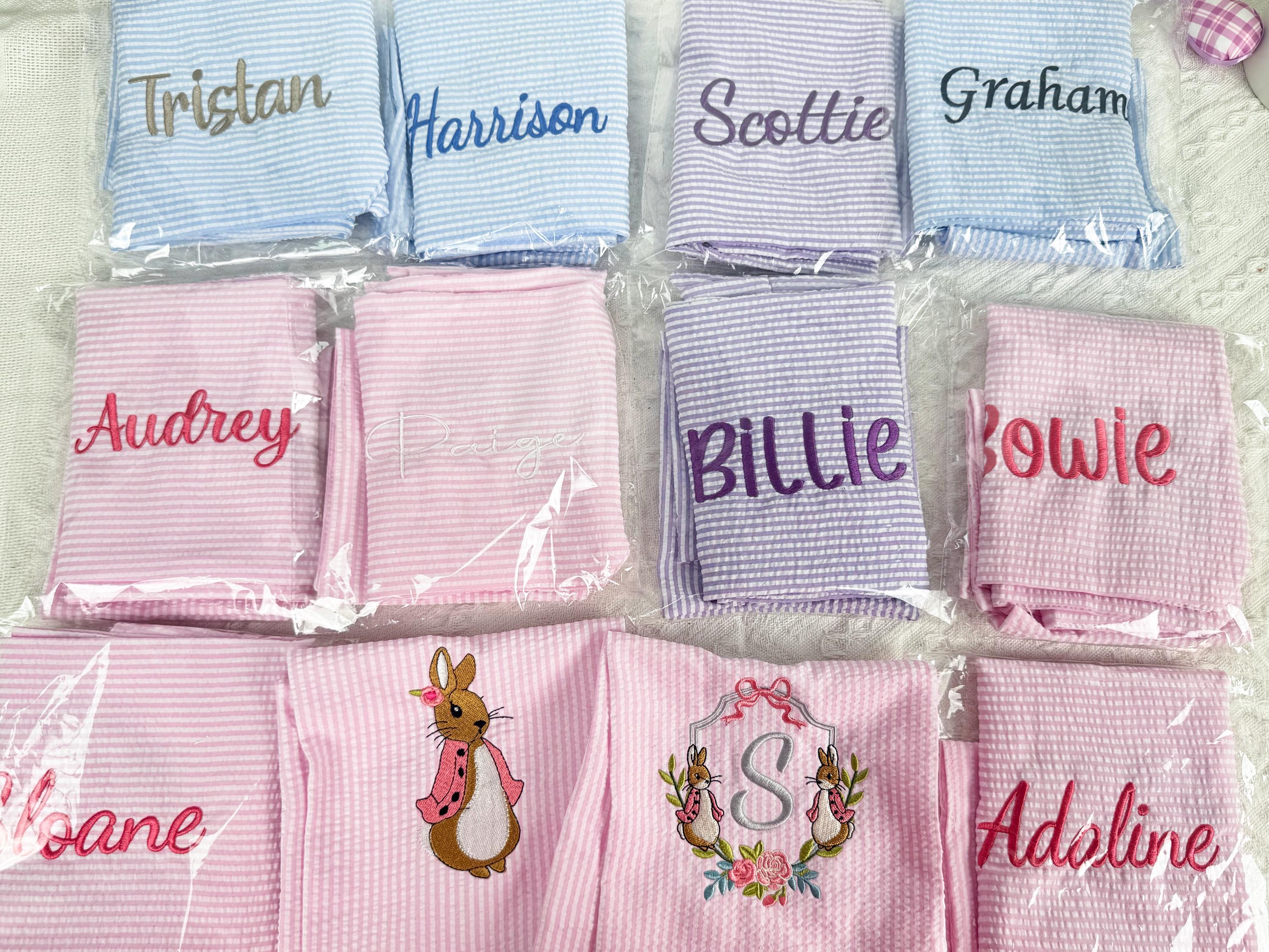 Personalized Seersucker Easter Basket Bow, Custom Monogrammed Bow, Baby Shower Favor, Wedding Basket Bow, Spring Decoration