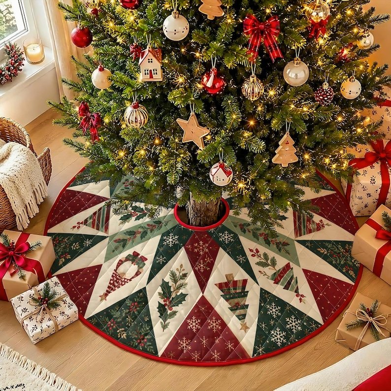 Gnome Quilted Tree Skirt, Patchwork Xmas Tree Skirt, Holiday Decor, Xmas Tree Base Cover, Custom Tree Skirt XMASTS08
