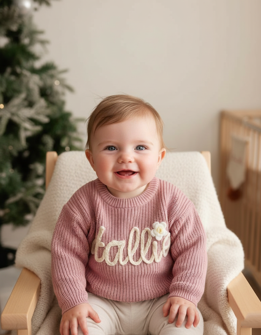 Personalized Baby Sweater with Name, Hand Embroidered Knit Sweater, Custom Baby Gift