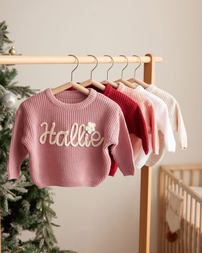 Personalized Baby Sweater with Name, Hand Embroidered Knit Sweater, Custom Baby Gift