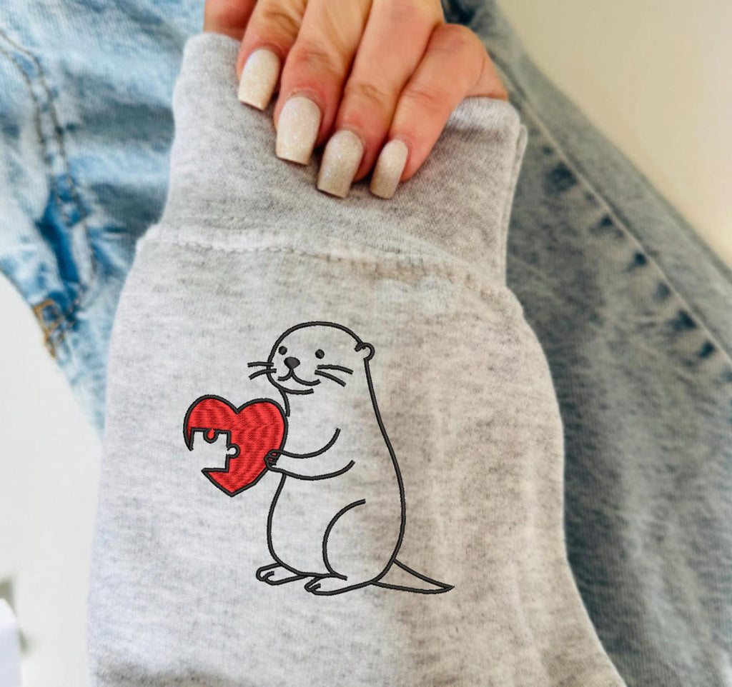 Embroidered Otter Sweatshirt for Valentine’s Day, Funny Couple Crewneck with Custom Sleeve Embroidery, Cute Couple Shirt, Anniversary Gift