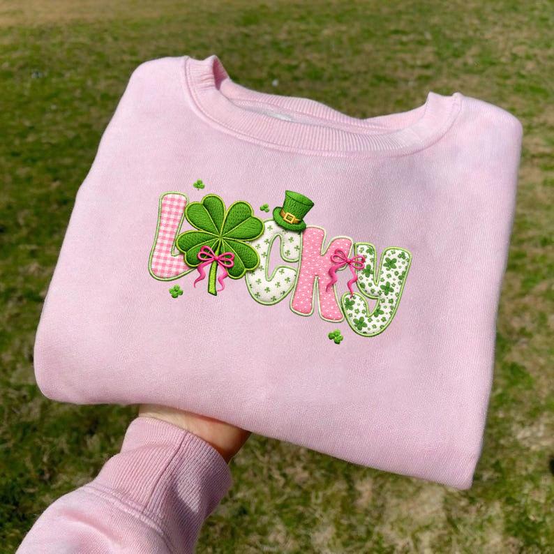 Coquette Lucky Embroidered Sweatshirt, Checkered Shamrock Crewneck, St Patrick’s Day Clover Shirt