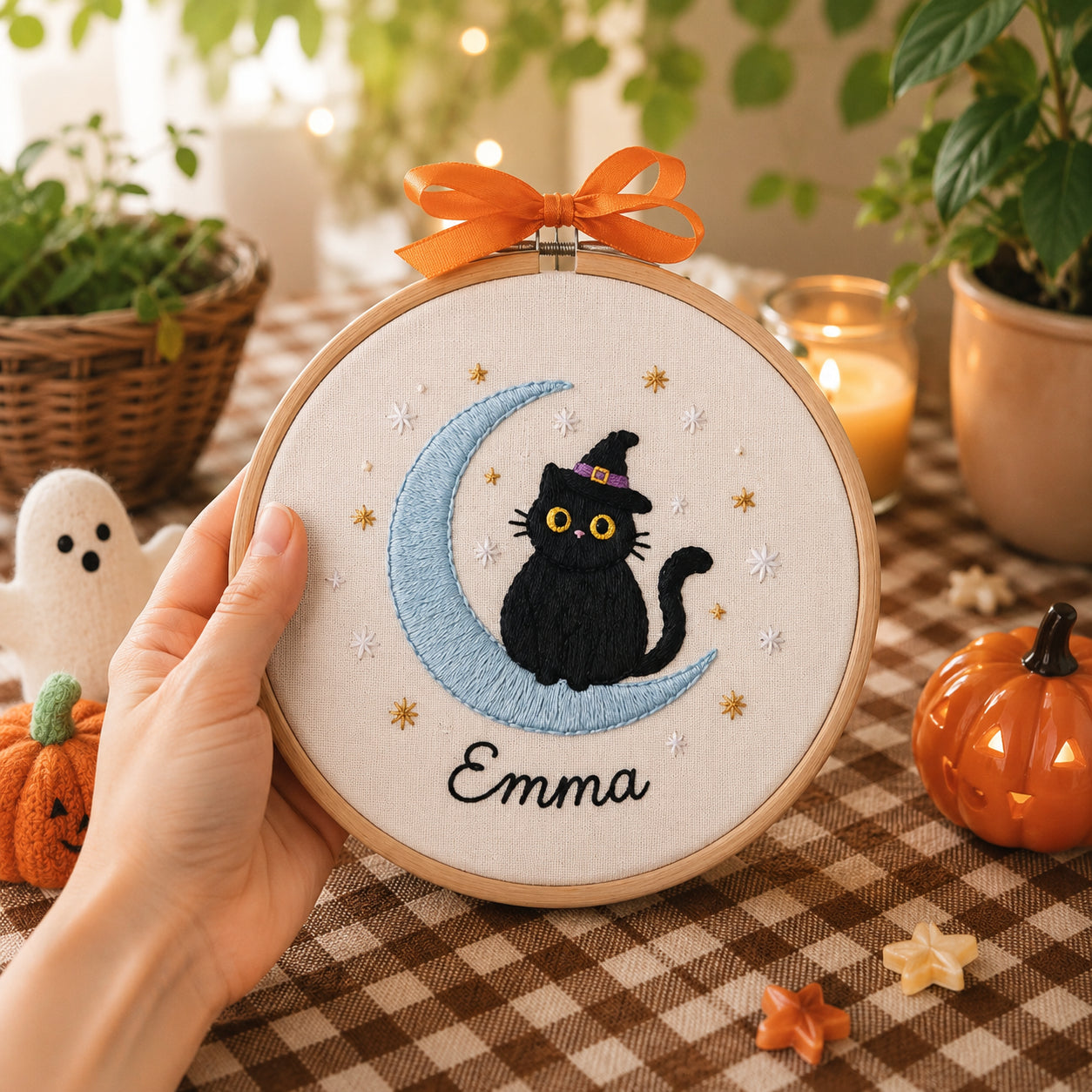 Personalized Black Cat Halloween Hand-Embroidery Hoop, Custom Hand-Embroidered Wall Art, Witch Cat on Moon Decor, Handmade Spooky Nursery Gift HOOP09