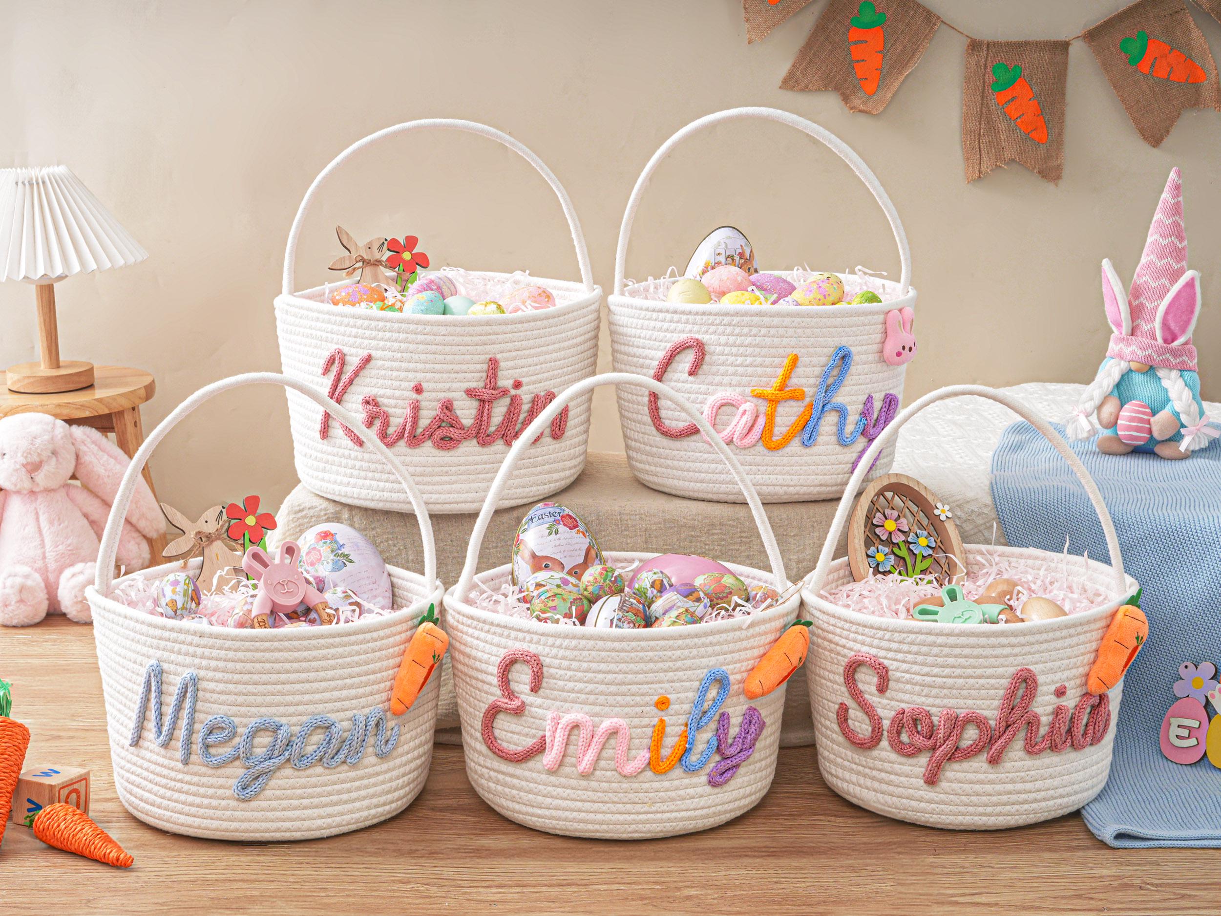 Personalized Easter Basket with Name, Handwoven Rope Basket, Easter Bunny Gift for Kids, Easter Egg Hunt Basket, Baby Shower Gift
