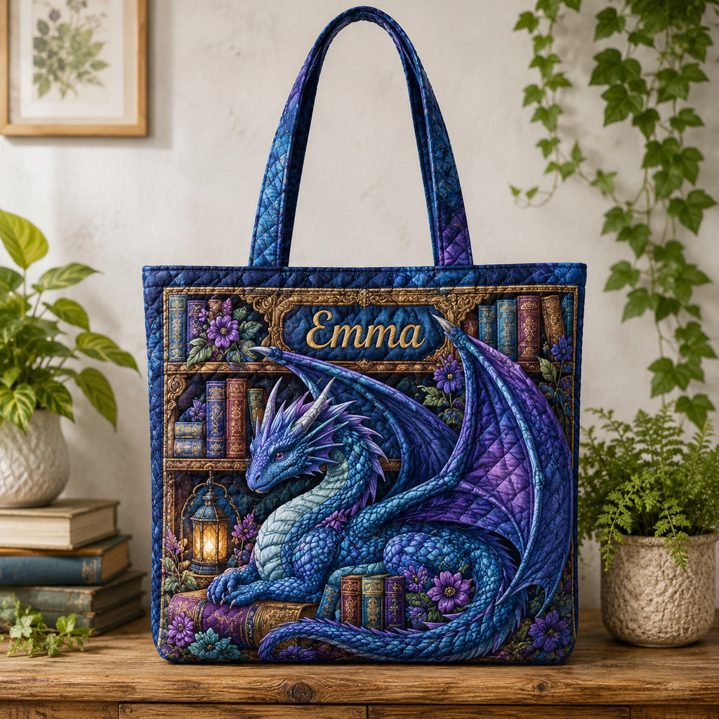 Fantasy Dragon Book Quilted Tote Bag, Dragon Pattern Tote Bag, Quilted Shoulder Bag, Quilted Book Bag, Fabric Bag QTOTE59