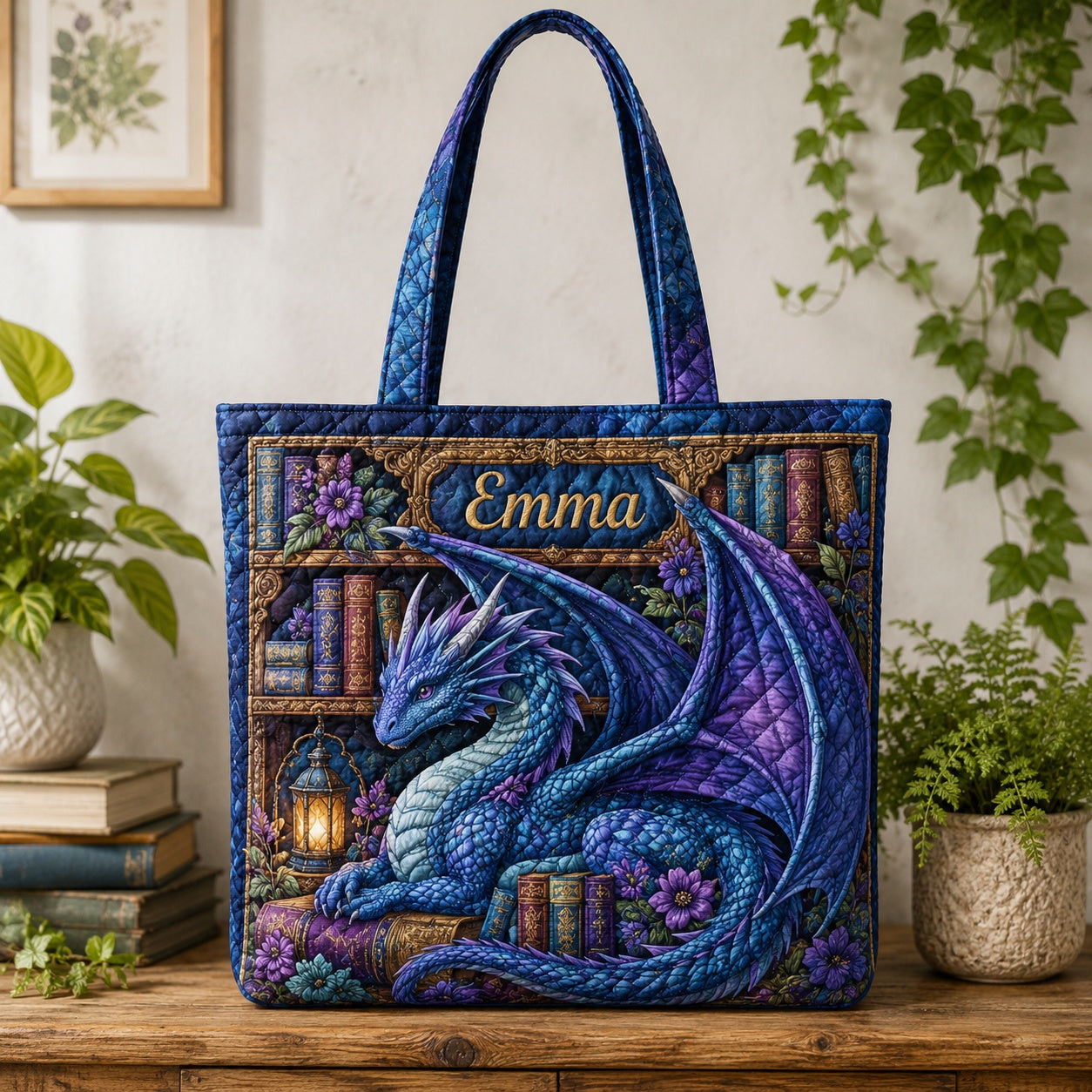 Fantasy Dragon Book Quilted Tote Bag, Dragon Pattern Tote Bag, Quilted Shoulder Bag, Quilted Book Bag, Fabric Bag QTOTE59