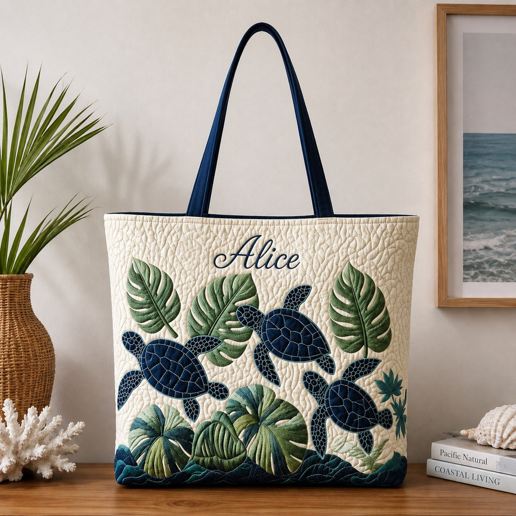 Sea Turtle Quilted Tote Bag, Coastal Beach Shoulder Bag, Ocean Turtle Pattern Art Tote, Fabric Tote Bag, Gift Bag QTOTE32