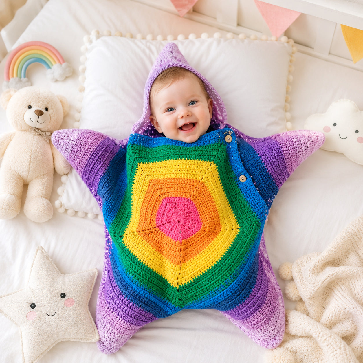 Personalized Rainbow Star Baby Swaddle, Cute Baby Star Cocoon, Custom Baby Star Romper Sleep Sack, Hooded Newborn Wrap, Handmade Crochet Knit Outfit, Custom Name Baptism Baby Shower Gift BABYSR08