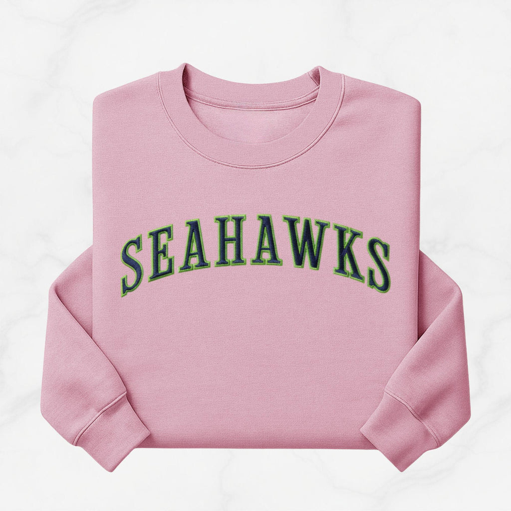 Embroidered Seahawks Crewneck Sweatshirt, Green and Navy Lettering, Seattle Football Fan Merch Apparel