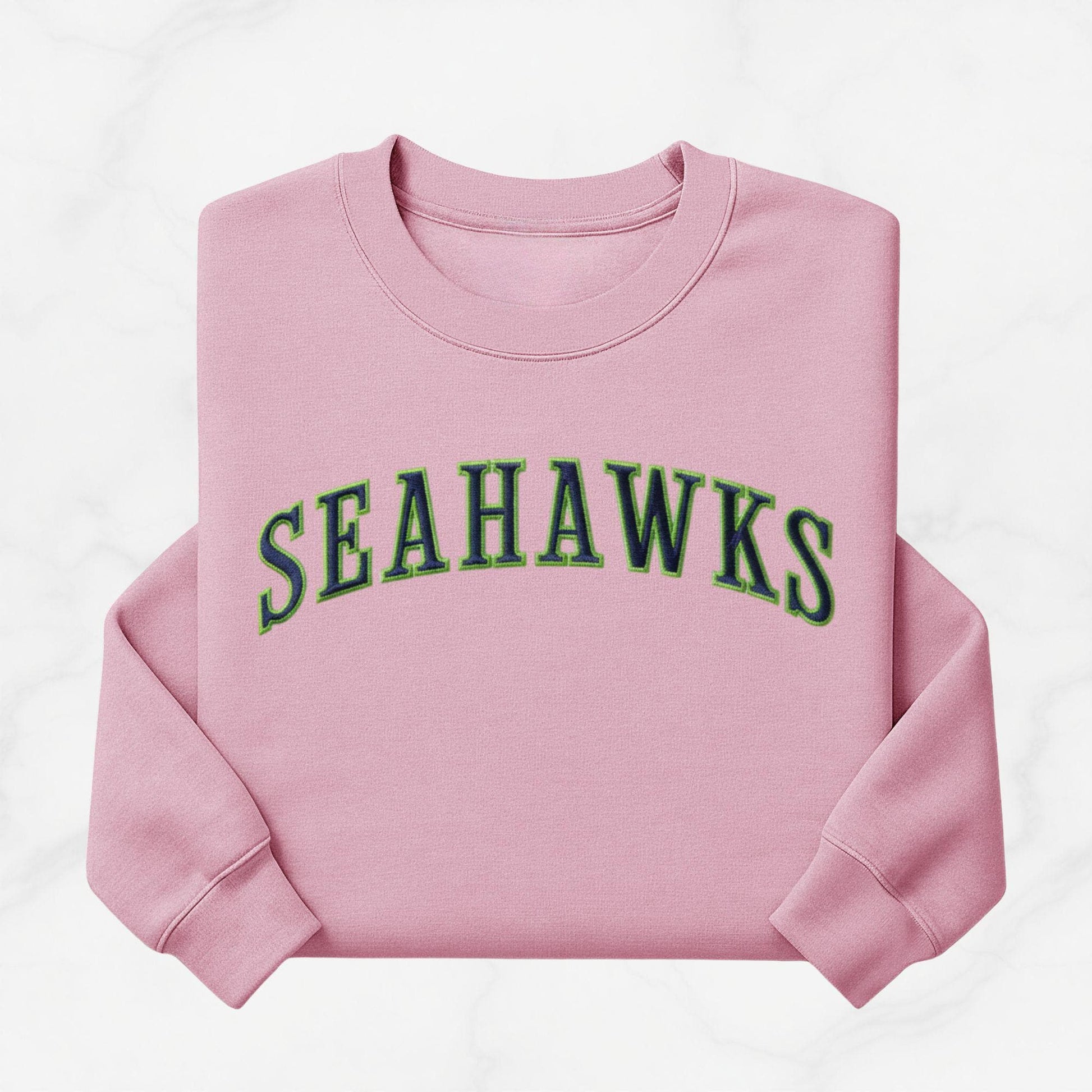 Embroidered Seahawks Crewneck Sweatshirt, Green and Navy Lettering, Seattle Football Fan Merch Apparel