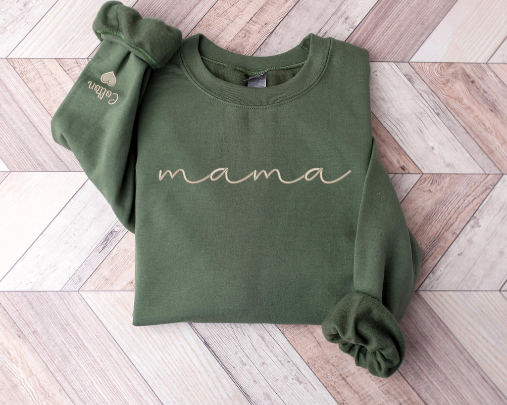 Embroidered Personalized Mama Sweatshirt, Custom Kids Names on Sleeve, Mother’s Day Gift