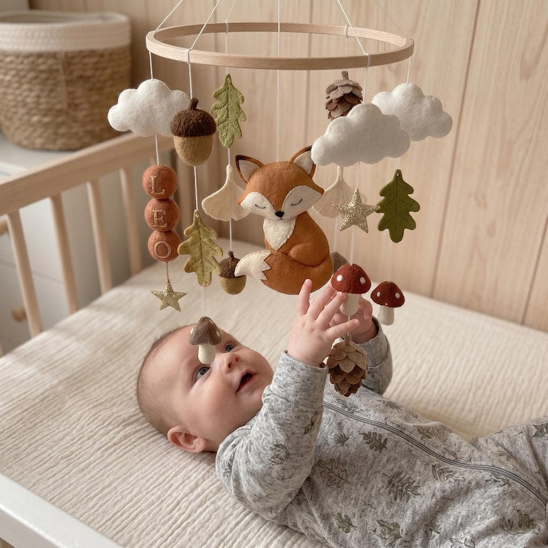 Personalized Fox Felt Baby Mobile, Handmade Woodland Nursery Crib Mobile, Forest Animals Baby Room Decor BBMB08