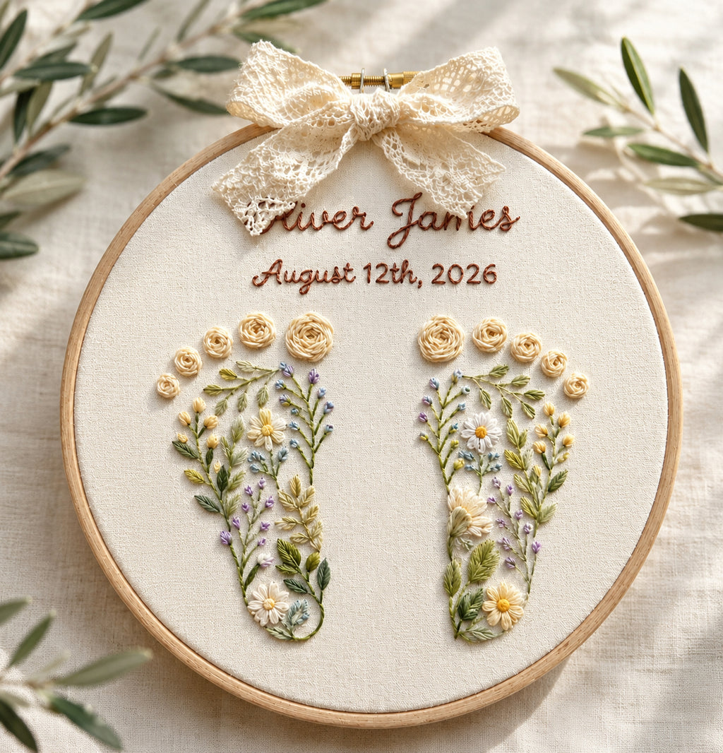 Personalized Hand Embroidered Baby Announcement Sign with Floral Footprints, Custom Baby Name and Birth Date, Handmade Nursery Keepsake Gift for Newborn EM05