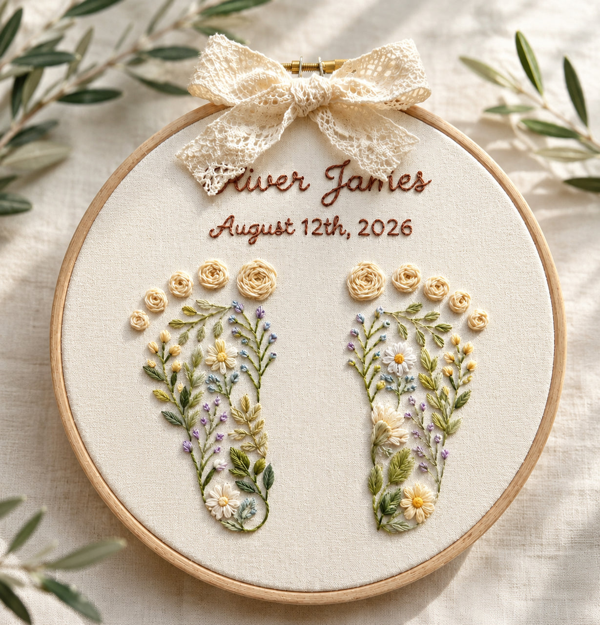 Personalized Hand Embroidered Baby Announcement Sign with Floral Footprints, Custom Baby Name and Birth Date, Handmade Nursery Keepsake Gift for Newborn EM05