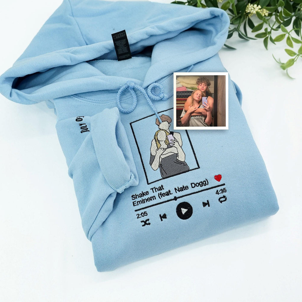Custom Couple Portrait Hoodie With Music Song, Embroidered Couples Silhouette Hoodie, 1st Anniversary Gifts For Him, Gift For Boyfriend