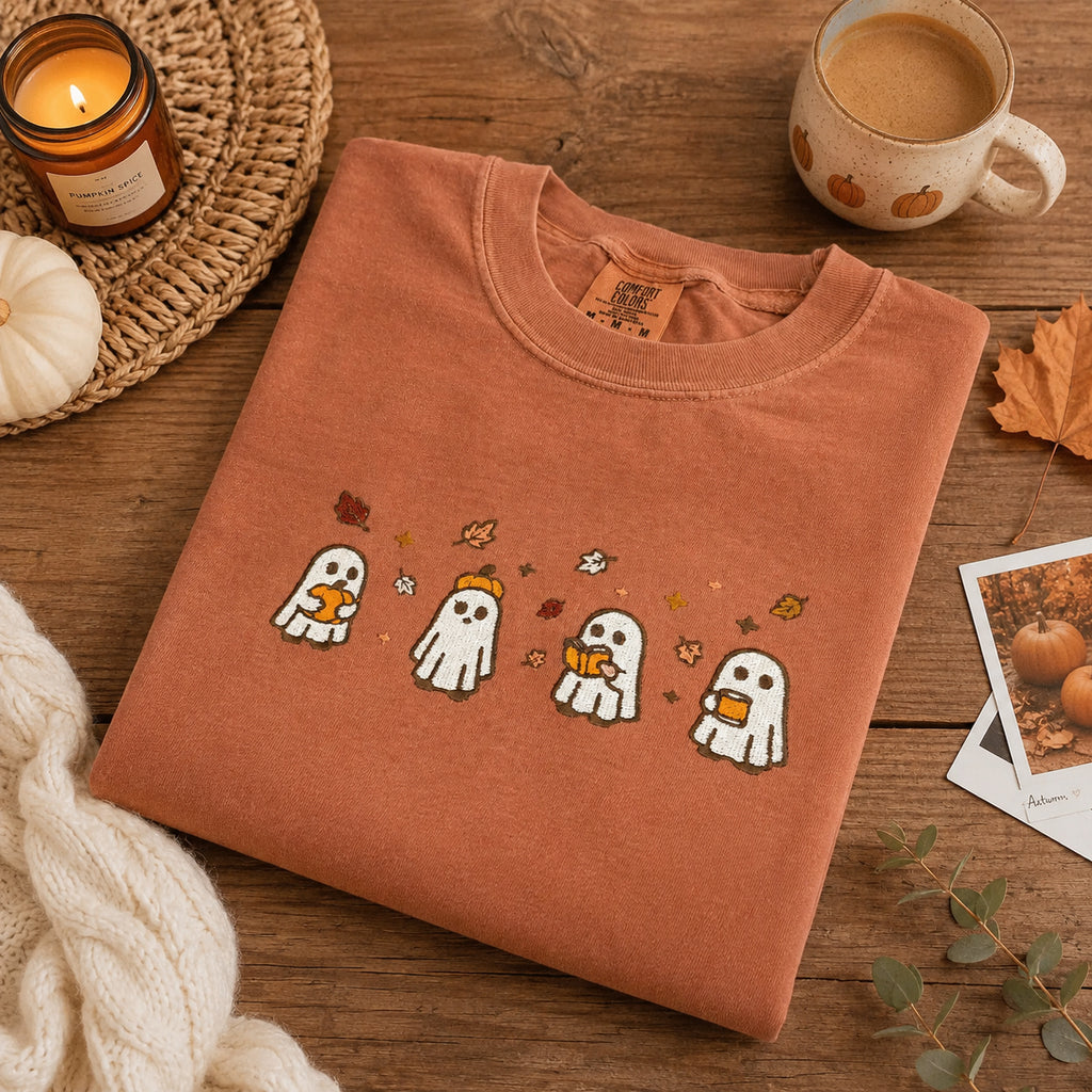 Embroidered Halloween Shirt, Spooky Ghost And Pumpkin Shirt, Unisex Halloween Tee, Halloween Gift HLEM08