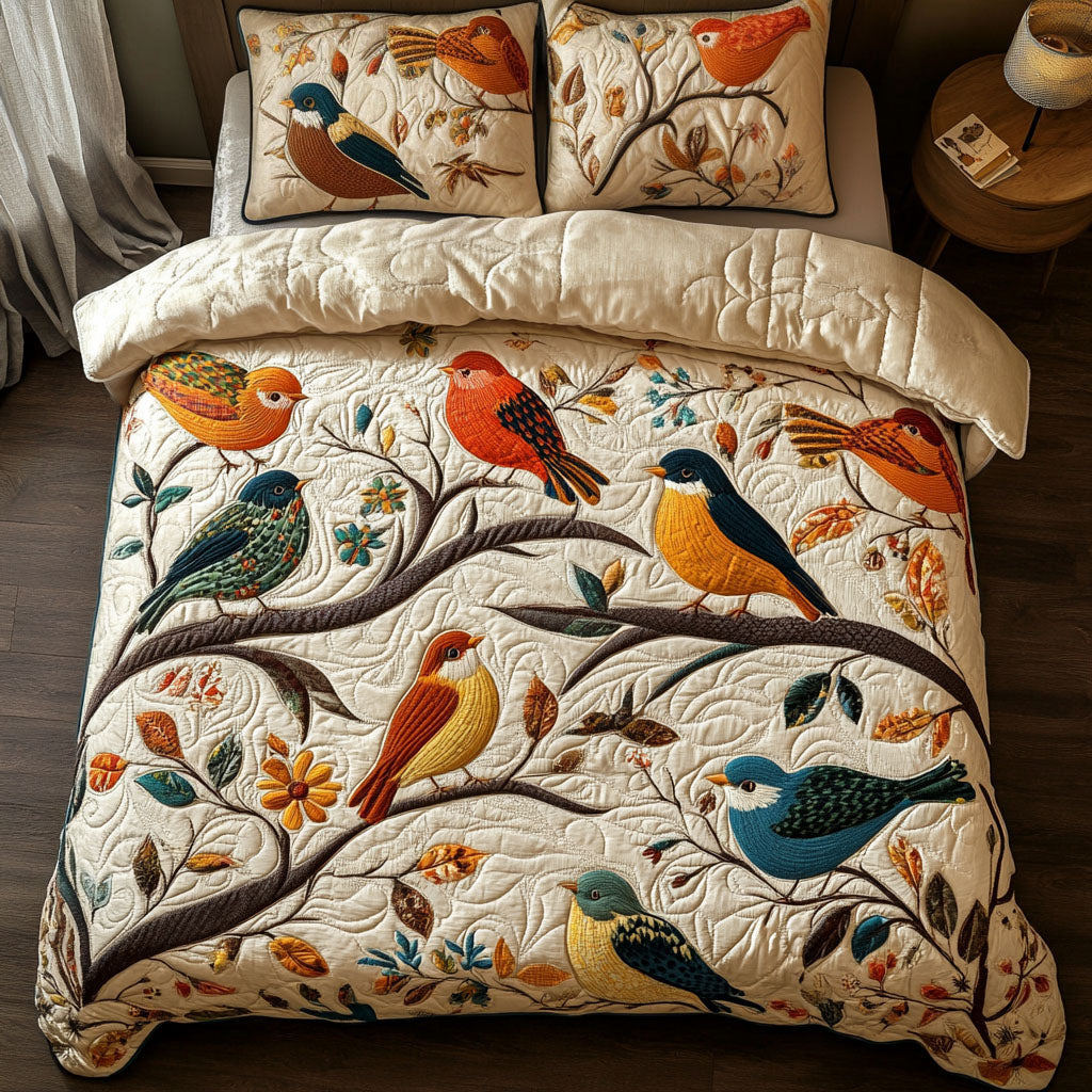 Birds Pattern Blanket, Bird Quilted Bedding Set, Custom Quilt with Pillow Covers, Bedding Decor QBEDSET41
