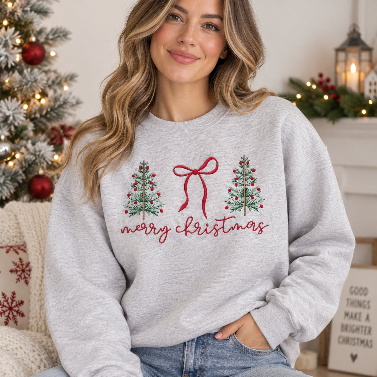 Embroidered Merry Christmas Bow Shirt, Embroidered Christmas Coquette Crewneck Sweatshirt, Embroidered Xmas Tree Shirt, Xmas Gift XMASS02